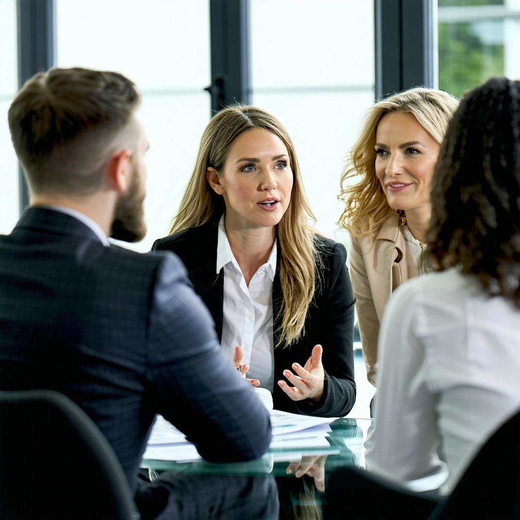 In the background a group of diverse professionals is engaged in a collaborative discussion a private money lender In the background a group of diverse professionals is engaged in a collaborative discussion a private money lender